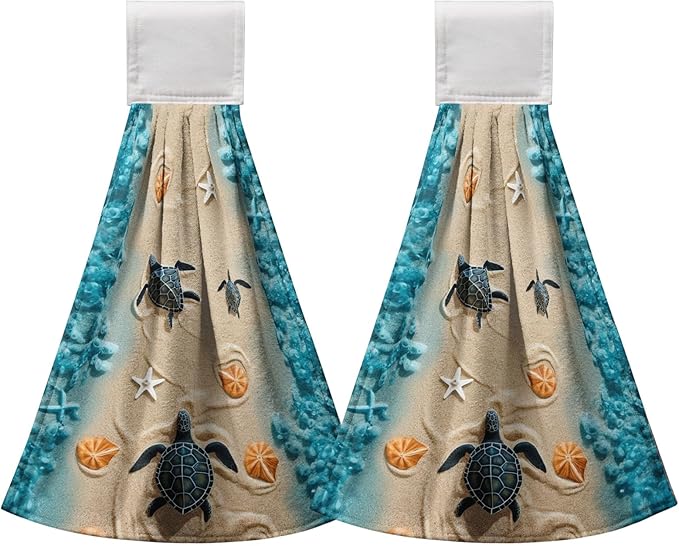 Sea Turtle Hanging Kitchen Towels Summer Ocean Tie Towels Beach Tortoise Hanging Hand Towel Nautical Seashell Hand Towel with Loop Coastal for Bathroom Set of 2 Home Decor 17x12