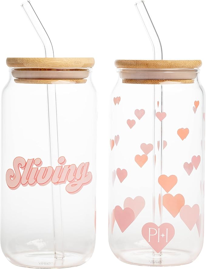 Paris Hilton Glass Tumblers Set with Iconic Decals, Includes Bamboo Lids, Reusable Glass Straws and Cleaning Brushes, Perfect for Iced Coffee, Water, and Cocktails, 2-Piece Set, 17-Ounce