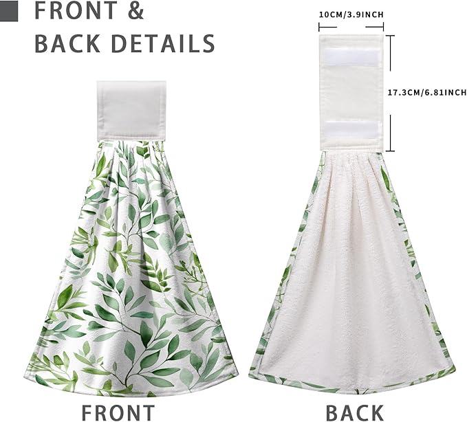 Spring Green Leaves Hanging Hand Towels Watercolor Eucalyptus Leaf Tie Towel Summer Hanging Dish Towels Absorbent Washable Kitchen Towel with Loop for Bathroom Kitchen
