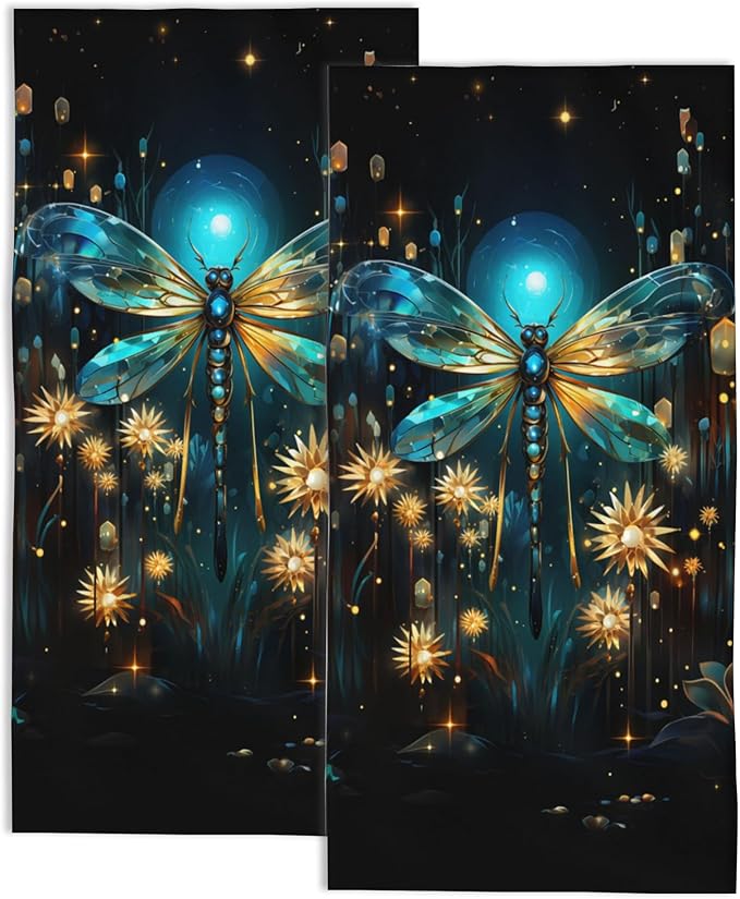 2 Pack Hand Towels for Bathroom,Glowing Dragonfly Decorative Kitchen Towels Highly Absorbent Soft Towels for Bathroom Beach Spa Gym Face Towel 14x28 Inch