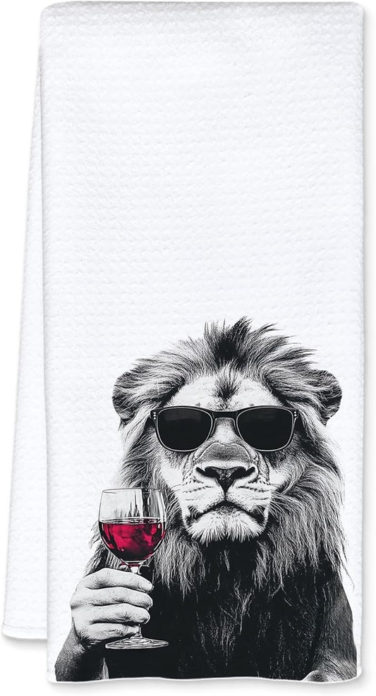 Funny Lion Kitchen Towels, Lion Lover Gifts Dish Tea Towels for Home Bar Kitchen, Wine Lover Gifts, Funny Hand Towels for Bathroom,16x24 Inch