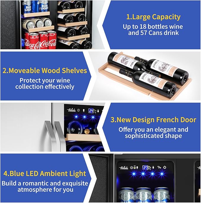 24 Inch Wine and Beverage Refrigerator, Dual Zone Wine Beverage Cooler, Built-in/Freestanding Beer and Wine Fridge with a Powerful Compressor, 20 Bottles and 88 Cans Capacity