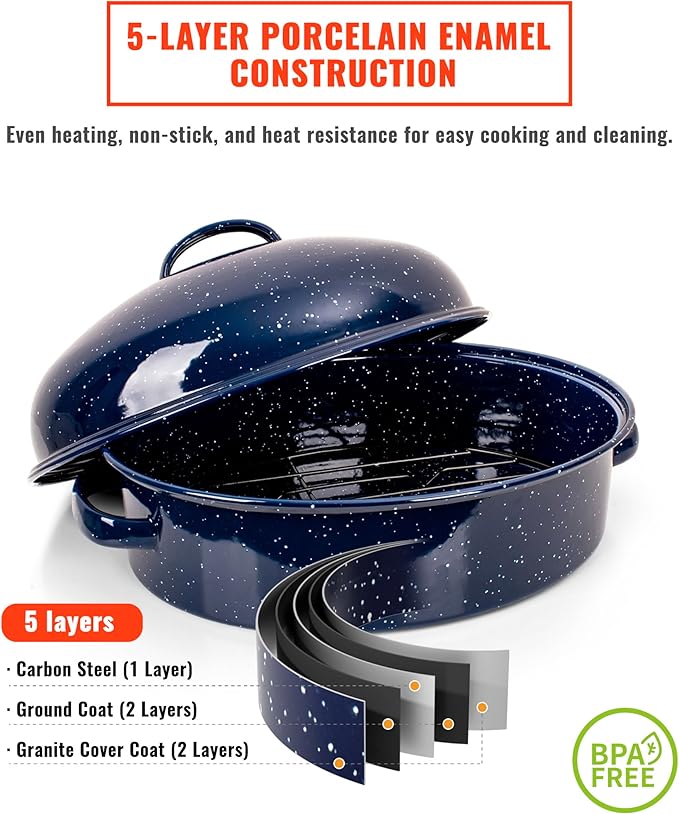 Roasting Pan with Lid and Rack 18" Deep Large Oval Enamel Roaster Pan, Oven Dishwasher Safe Non-Stick Non-Toxic Roast Pot for Turkey Steak Roasts & Bread, Wife's Christmas Gift