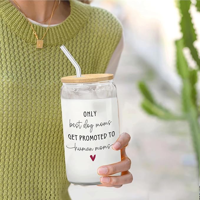 Dog Mom Baby Announcement Glass Cup with Lids and Straws 14oz, Gifts for Pregnant Women Mom to Be, Pregnancy Announcement Gifts Glass Iced Coffee Tumbler Drinking Jars with Cleaning Brush
