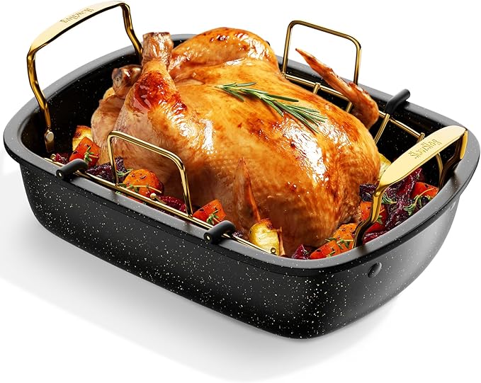 Nonstick Roasting Pan with Rack, 17" x 13" Large Turkey Roaster Pan, Oven Roasting Pan, Roaster Pan for Turkey, Chicken, Vegetable, Gold & Black
