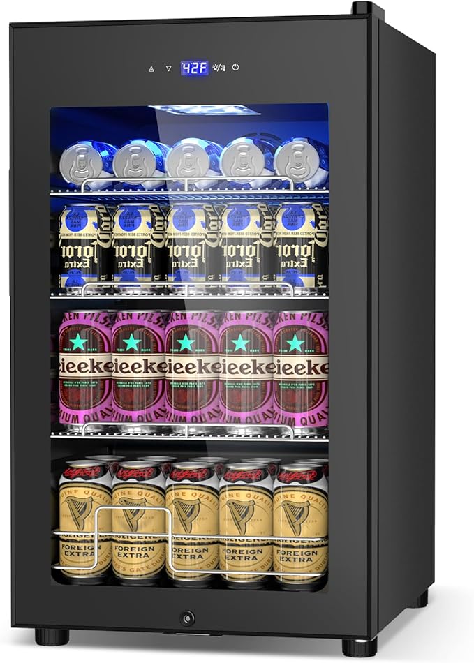 17Inch Beverage Refrigerator and Cooler Freestanding, 96 Cans Mini Fridge with glass door and Lock, Small Drink Fridge for Soda, Beer, Wine, For Home Bar Office with LED Light