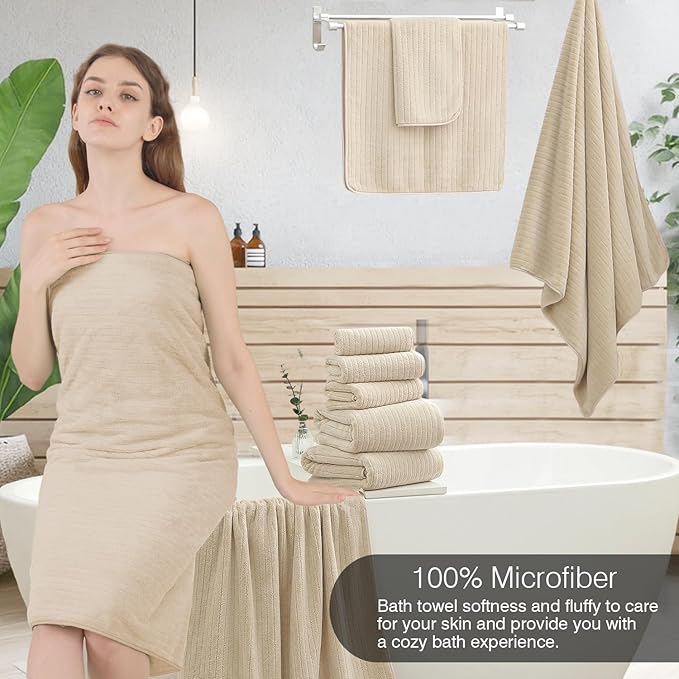 18 Piece Family Bath Towel Set Include 6 Bath Towels,6 Hand Towels and 6 Washcloths Soft Bathroom Towel with Hanging Loops,Highly Absorbent Quick Dry Towels Set for Bathroom,Hotel and Spa-Beige