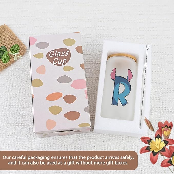 Cute Cartoon Lover Gifts Initial A-Z Personalized Iced Coffee Cup Cartoon Merch 16oz Glass Cup with Lid and Straws Birthday Christmas Gifts for Women Teen Girls Fans (Letter R)