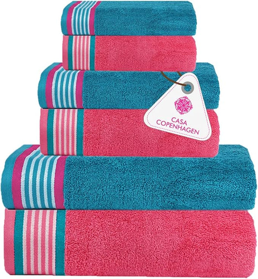 CASA COPENHAGEN He & She 6 Pieces Towel Set- Teal + Pink, 550 GSM 2 Bath Towel 2 Hand Towel 2 Washcloth, Designed in Denmark Made of Soft Egyptian Cotton for Bathroom, Kitchen & Shower