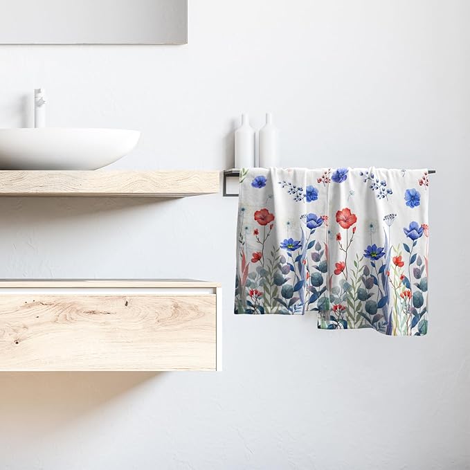 Imiss 4th of July Hand Towels Set of 2 Patriotic Blue Red Poppy Flowers Dish Cloth Bath Towels 14.4 x 28.3 Inch for Kitchen Bathroom Gym Spa Hotel