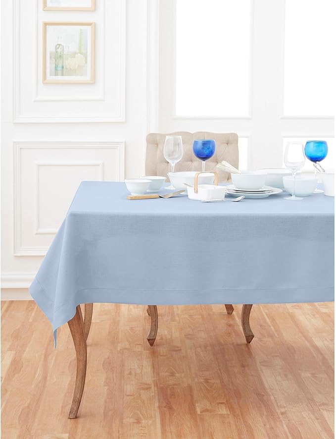 Solino Home Linen Tablecloth 60 x 144 Inch - Classic Hemstitch 100% Pure Linen Sky Blue Table Cloth for Rectangle Tables - Machine Washable Tablecloth for New Year