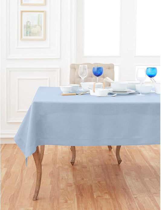 Solino Home Linen Tablecloth 60 x 144 Inch - Classic Hemstitch 100% Pure Linen Sky Blue Table Cloth for Rectangle Tables - Machine Washable Tablecloth for New Year