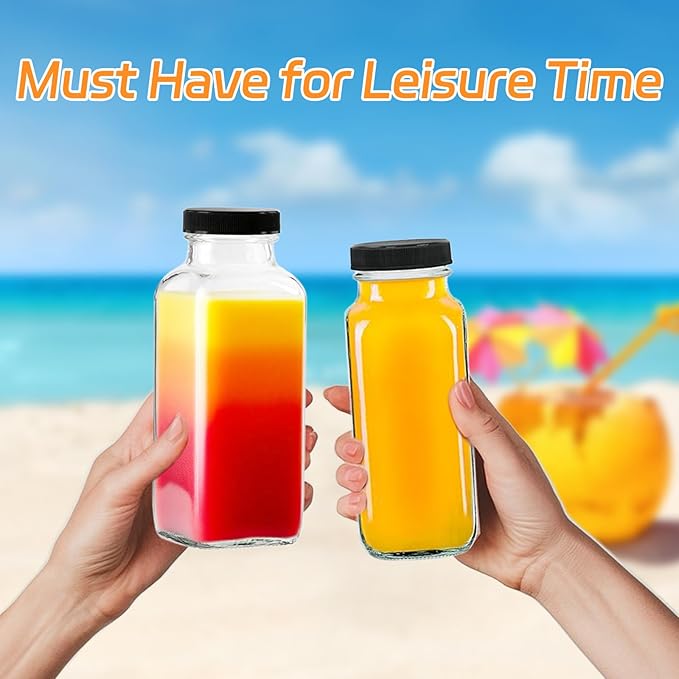 12 Pack 12oz Glass Drink Bottles with Lids, 360ml Vintage Glass Water Bottles with Caps, Reusable Juice Containers Drinking Jars for Juicing, Milk, Ginger, Kombucha, Beverages