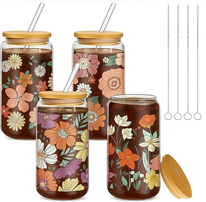Mumufy 4 Pcs Gift for Women Bohemian Flower Cute Glass Cup Tumbler Boho Floral Iced Coffee Mugs 16 oz Glass with Bamboo Lid & Straw, Mothers Day Birthday Gift for Mom Sister Bridesmaid Baby Shower