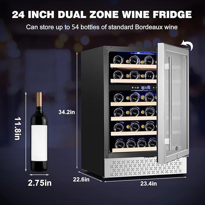 Tylza 24 Inch Wine Fridge, Dual Zone 54 Bottles Wine Refrigerator, Built-In or Freestanding, Safety Lock, Double-Layer Glass Door, Adjustable Shelves, Wine Cooler Refrigerator for Home Bar Kitchen