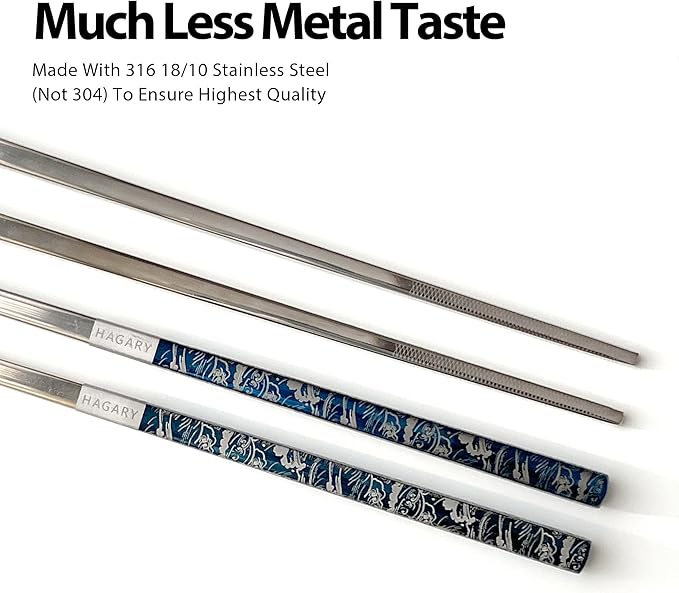 Hagary Blue Wave Chopsticks 2 Pairs Metal Chopsticks Reusable Designed In Korea Japanese Style Stainless Steel 316 18/10 Non-Slip Dishwasher Safe
