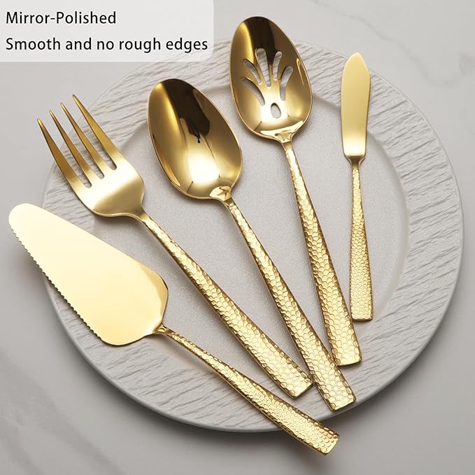 Large Hostess Serving Utensils Set, Stainless Steel Heavy Duty Hammered Serving spoons, Slotted Spoons, Serving Fork, Cake Server, Butter Knife, Dishwasher Safe (Gold)