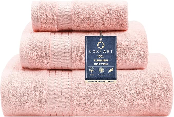 COZYART Pink Bathroom Towels Set, 100% Turkish Cotton Bath Towel Sets of 3 for Bathroom, Super Soft Highly Absorbent, 650 GSM Luxury Set with 1 Bath Towel, 1 Hand Towel, 1 Washcloths