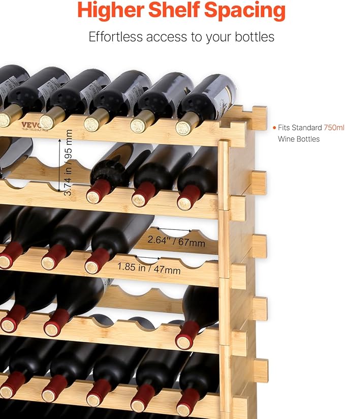 VEVOR 6-Tier 48 Bottles Stackable Modular Wine Rack, Freestanding Wines Holder Display Shelf, Solid Bamboo Wood Storage Racks, Wobble-Free Shelves for Kitchens, Dining Rooms, Cellars, Natural Color