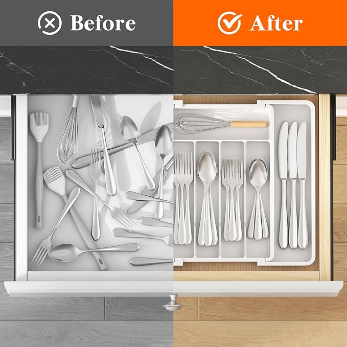 Lifewit Silverware Drawer Organizer, Expandable Utensil Tray for Kitchen, BPA Free Flatware and Cutlery Holder, Adjustable Plastic Storage for Spoons Forks Knives, 8.5"-14.1" x 12.1", White