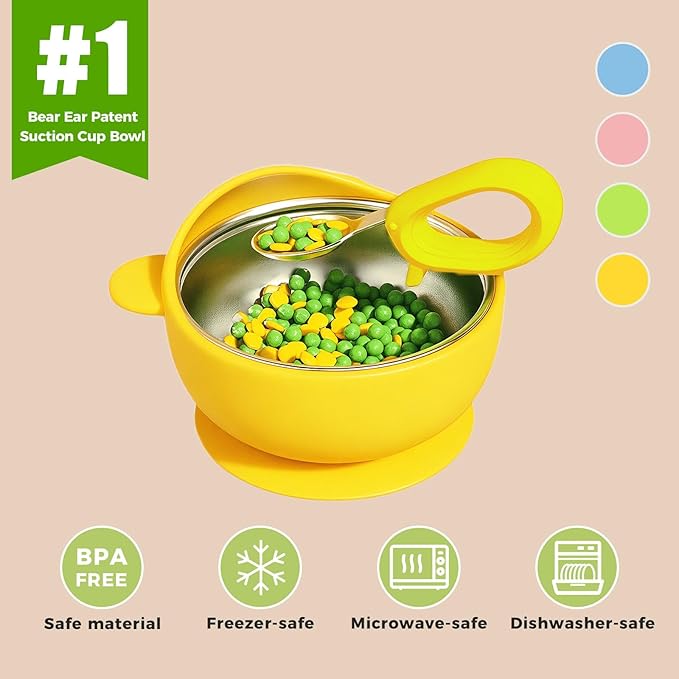Stainless Steel Baby Bowls with Suction, 2-in-1 Toddler Feeding Set SUS304 Non-Toxic | Unbreakable & Anti-Scald | Super Strong Suction Base | Dishwasher Safe | Perfect Baby Gift - 2Pack 28.9