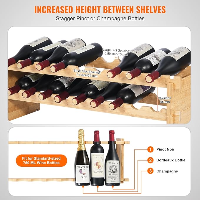 VEVOR 18 Bottle Stackable Modular Wine Rack, 2-Tier Solid Bamboo Wood Storage Racks, Floor Freestanding Wines Holder Display Shelf, Wobble-Free Shelves for Kitchen, Bar, and Cellar (Natural Color)