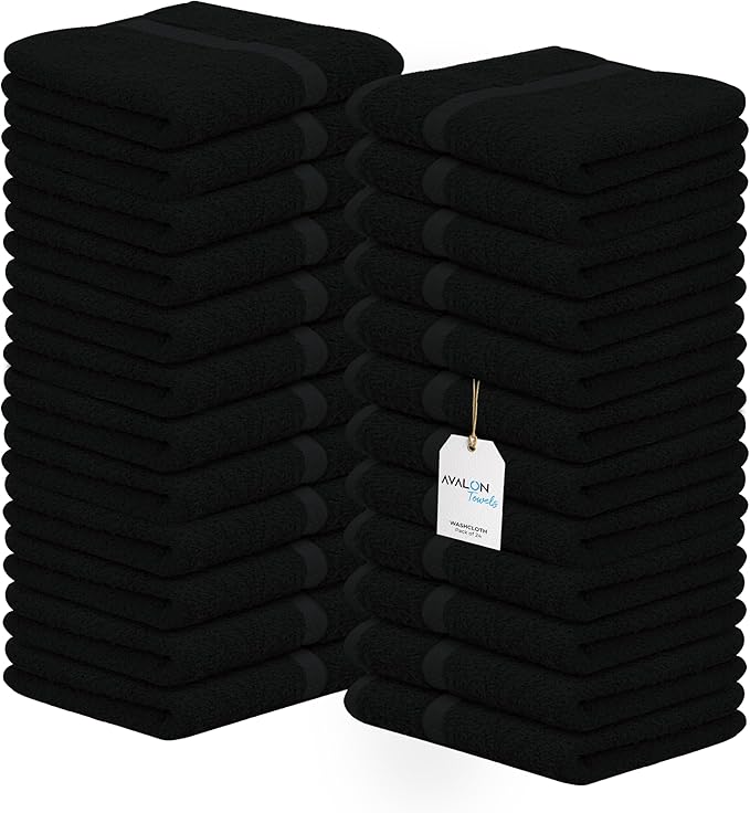 Avalon Towels Cotton Washcloths – (Pack of 24) Size 12x12 Inches, 100% Ring Spun Cotton, Soft & Absorbent Face Towels, Gym Towels, Hotel and Spa Quality, Reusable Fingertip Towels (Black)