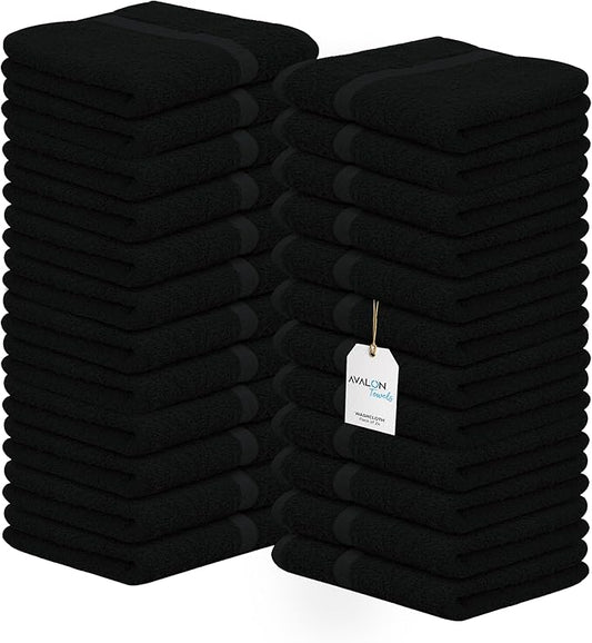 Avalon Towels Cotton Washcloths – (Pack of 24) Size 12x12 Inches, 100% Ring Spun Cotton, Soft & Absorbent Face Towels, Gym Towels, Hotel and Spa Quality, Reusable Fingertip Towels (Black)