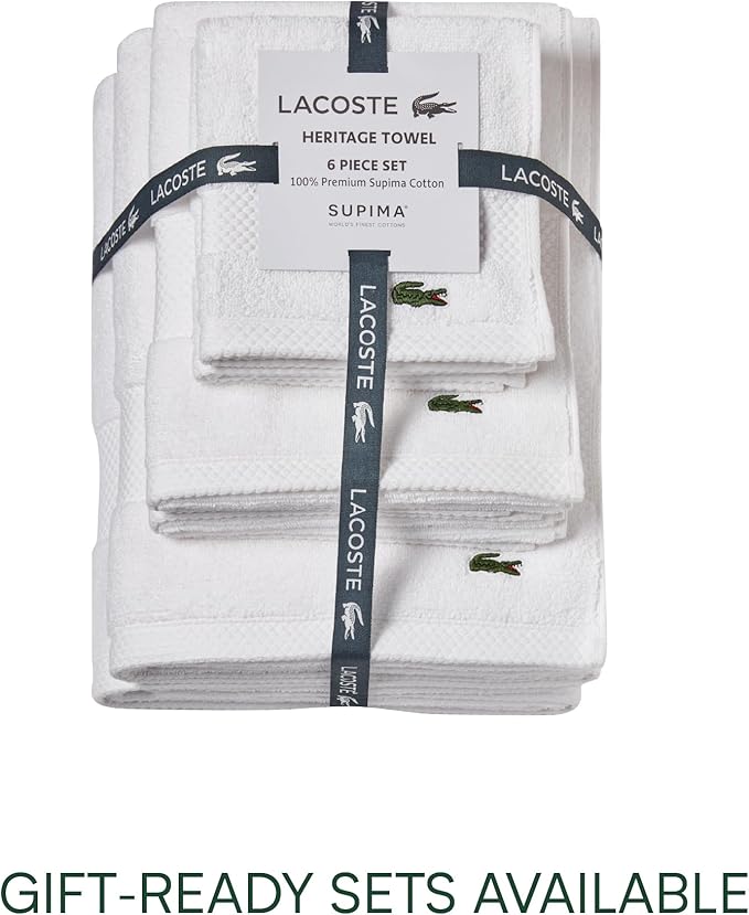 Lacoste Heritage 100% Supima Cotton Bath Towel, White, 30" x 54" – Highly Absorbent & Quick Drying, Premium Super Soft Bath Towel, Bathroom Essential, Gift for All Occasions, Machine Washable