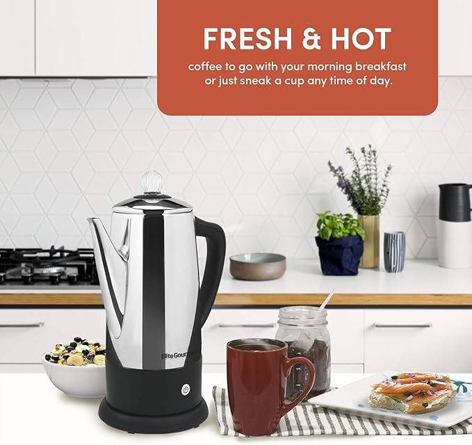 Elite Gourmet EC812 Electric 12-Cup Coffee Percolator with Keep Warm, Clear Brew Progress Knob Cool-Touch Handle Cord-less Serve, Stainless Steel