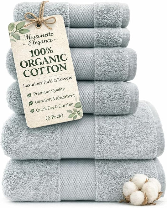 Maisonette Elegance 100% Organic Cotton Turkish Bathroom Towels Set, Ideal Quick Dry Luxury Washcloths, Hand & Large Bath Towels for Shower, (6 Pack), Green (Eucalyptus)