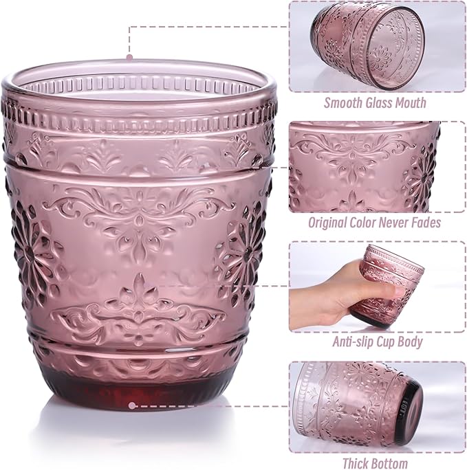 Purple Glassware set of 6, 10OZ Drinking Glasses, Purple Heavy Duty Glass Cups, Colored Glassware Set, Embossed Glasses Set for Party Wedding Home Office Gift