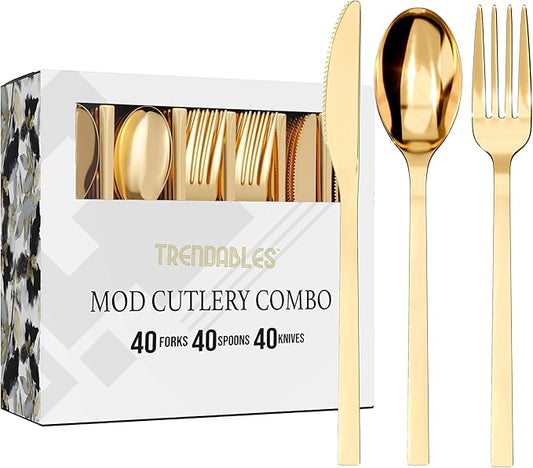 Gold Plastic Silverware Set Gold Silverware Disposable Forks and Spoons Disposable 120 Pack Plastic Utensils Set Includes 3 x 40 each Knives & Spoons & Forks For Parties and Events by Trendables