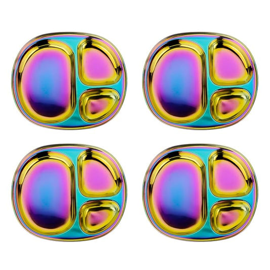 Ahimsa Stainless Steel Plates For Kids, Pediatrician Designed Colorful Divided Plates for Toddlers & Baby, Non Toxic, Unbreakable & Dishwasher Safe, Rainbow Set of 4
