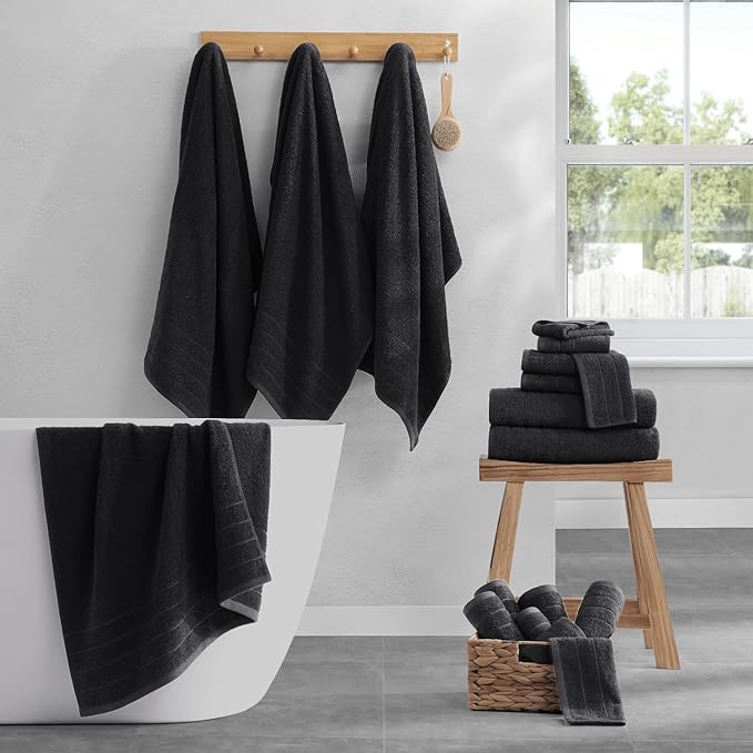 Casa Platino 100% Mercerized Cotton Luxury Bathroom Towels Set - 18 Piece - Ring Spun Technology - 6 Bath, 6 Washcloths, 6 Hand Towels - Remains Soft & Absorbent Even After Multiple Washes - Black