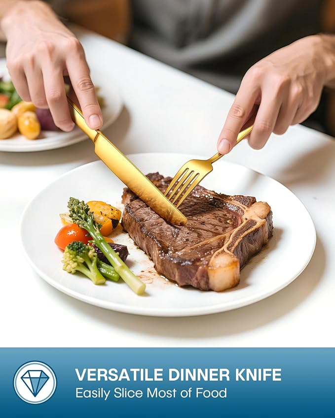 Stapava 60 Pcs Gold Silverware Set, Food-Grade Stainless Steel Flatware Sets for 12 Mirror Polished Cutlery Utensil Sets Include Dinner Knives Spoons and Forks Set Dishwasher Safe for Home Restaurant