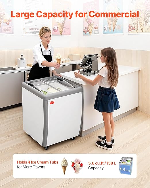 VEVOR Commercial Ice Cream Display Case, 5.6 Cu.ft Chest Freezer, Restaurant Gelato Dipping Cabinet Top Deep Freezer with Locking Casters, Sliding Glass Door, LED Lighting, Hold 4 Ice Cream Tubs