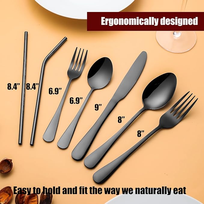 56 Pieces Black Silverware Service for 8 Flatware Set Stainless Steel Utensils Cutlery Set Dishwasher Safe