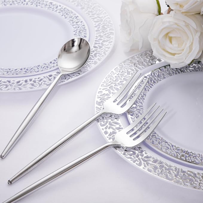 SUT 100Pcs Silver Plastic Silverware - Plastic Spoons and Forks, Disposable Silverware, Plastic Cutlery Set,50 Gold Plastic Forks, 50 Gold Plastic Spoons for Catering, Parties, Dinners, Weddings