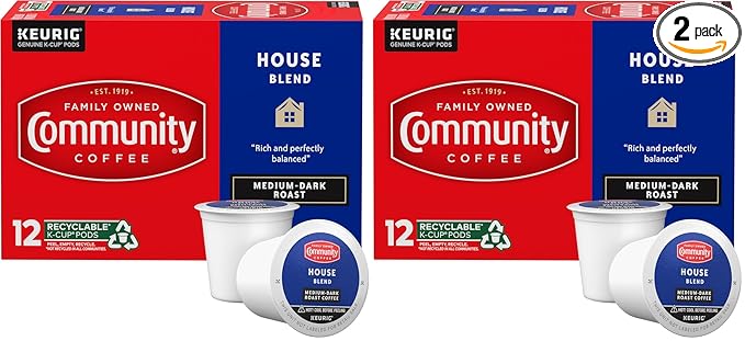 Community Coffee House Blend 12 Count Coffee Pods, Medium-Dark Roast, Compatible with Keurig 2.0 K-Cup Brewers, Box of 12 Pods (Pack of 2)