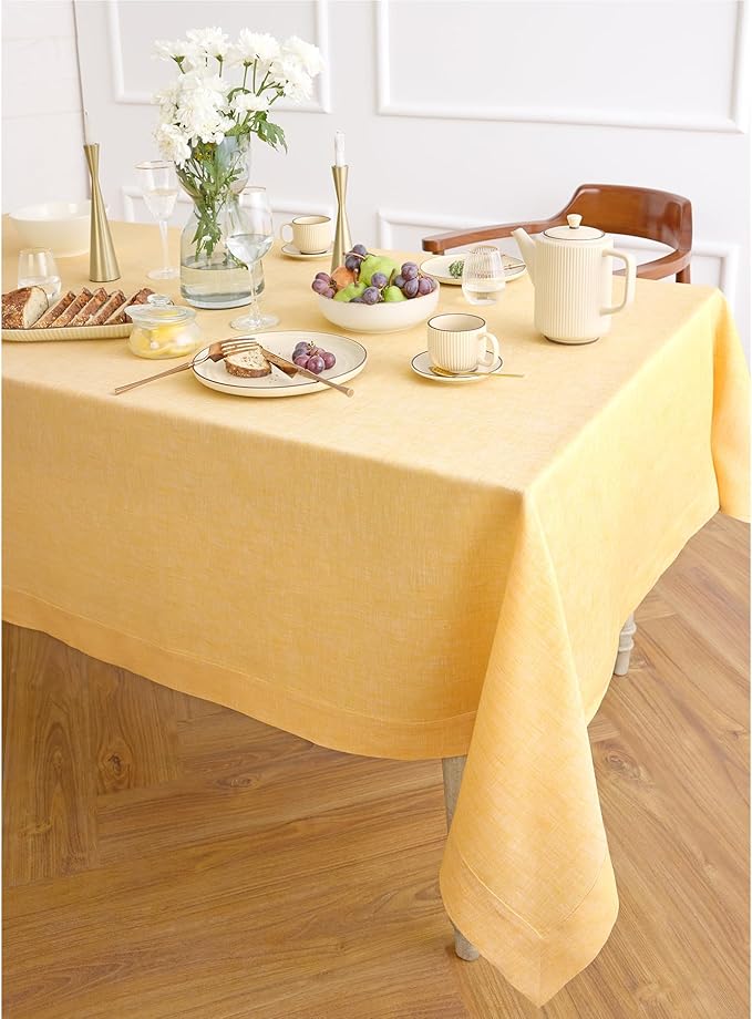 Solino Home Linen Tablecloth 60 x 108 Inch - 100% Pure Linen Chambray Mustard Yellow Table Cloth for Rectangular Tables - Athena, Machine Washable Cloth Tablecloth