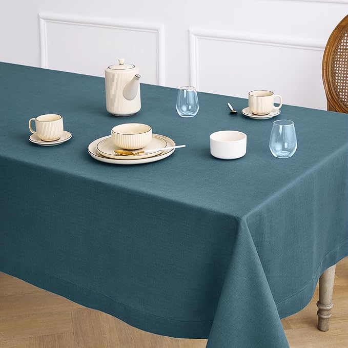 Solino Home Linen Tablecloth for Rectangle Tables 60 x 120 Inch - 100% Pure Linen Peacock Blue Table Cloth - Fete, Machine Washable Cloth Tablecloth for Winter