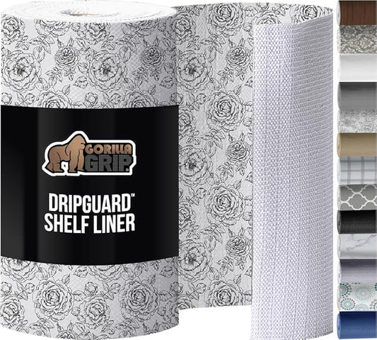 GORILLA GRIP DripGuard Shelf Liner, Non Adhesive Drawer and Kitchen Cabinet Protector, Slip Resistant BPA Free Smooth Surface Plastic Liners for Cabinets, Bathrooms, Closets, 17.5x120 Inch Floral Gray