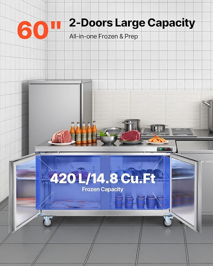 VEVOR 60" W Commercial Freezer, 14.8 Cu.Ft Worktop Freezers Undercounter with LED Auto Lighting and Lockable Door, 2 Doors Food Freezing Prep Worktable, Stainless Steel Prep Frozen Table with Casters