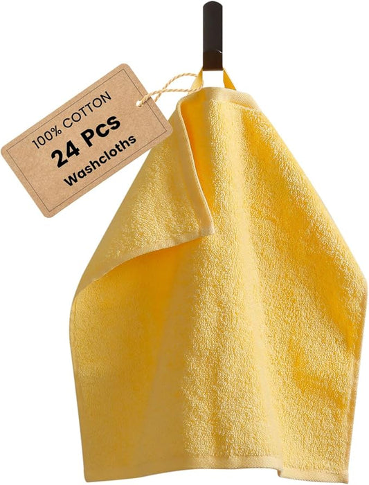 SEMAXE 100% Cotton Washcloths for Bathroom - 24 Pack, Quick-Dry Face Towels with Hanging Loop, Highly Absorbent and Soft, 13x13 Inch, Yellow