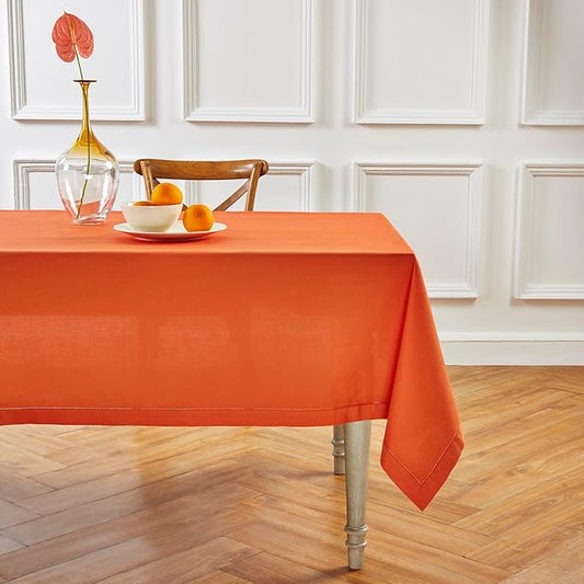 Solino Home Cotton Linen Tablecloth 58 x 120 Inch - Hemstitch Burnt Orange Table Cloth for Rectangle Tables - Machine Washable Tablecloth