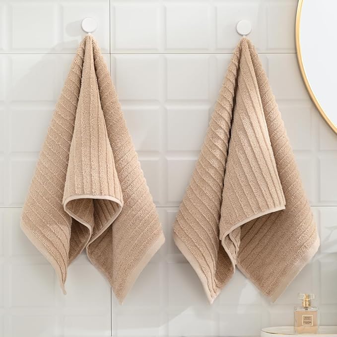 sense gnosis Super Soft Jacquard Luxury Hand Towel Stereoscopic Ladder Striped 100% Cotton Absorbent Decorative Hand Towel for Bathroom 13 x 29 Inch (Khaki, 2 Pack)