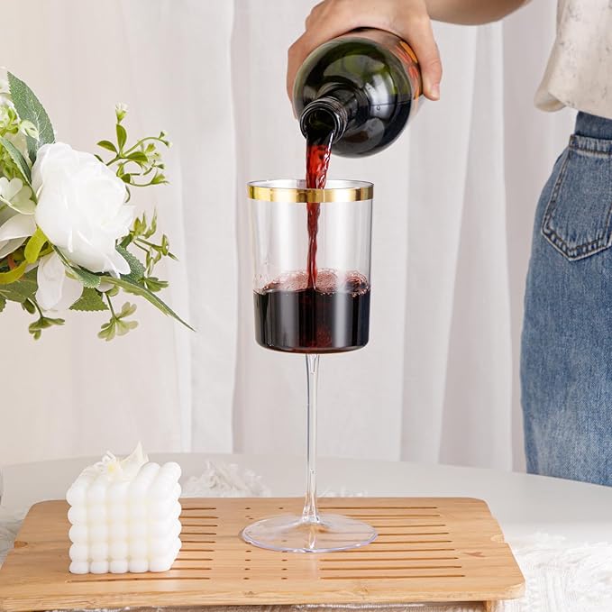 Ciaell 12 Pack Plastic Wine Glasses - 14 Oz Plastic Wine Glasses with Stem - Square Gold Disposable Stemmed Glass for Parties & Weddings & Outdoors & Christmas & New Year