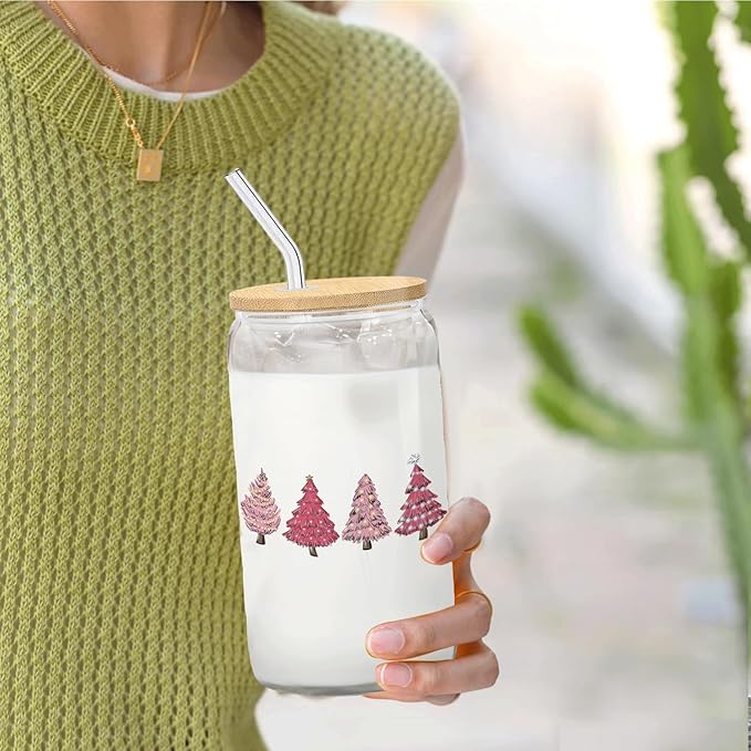 Pink Christmas Tree Decor Coffee Cup Glass With Lid And Straws 14oz,Xmas Tree Drinking Glasses Coffee Cups Water Bottles Gift For Women Kids Men