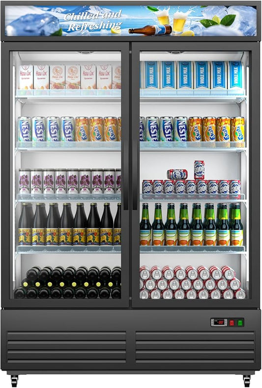Commercial Beverage Refrigerator with 2 Glass Door, 41.3 Cu.Ft Display Fridge Beverage Cooler with Customizable Lightbox Adjustable Shelves, Drink Fridge Merchandiser for Restaurant Shop, Black